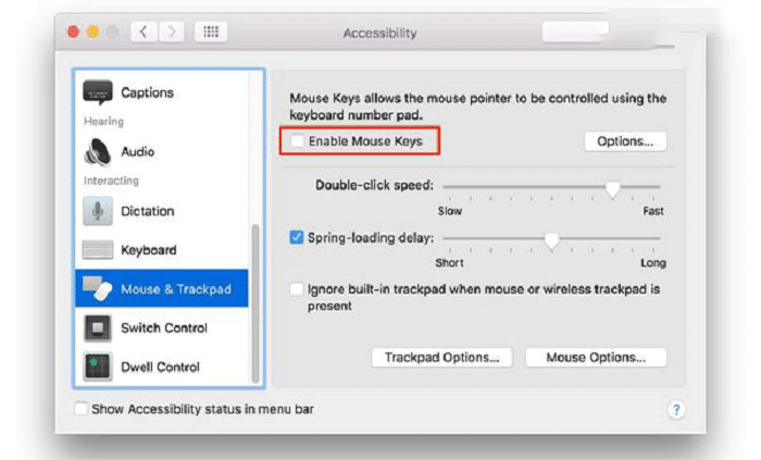 Huỷ chế độ “Mouse keys” bằng cách bỏ tích Enable Mouse Keys