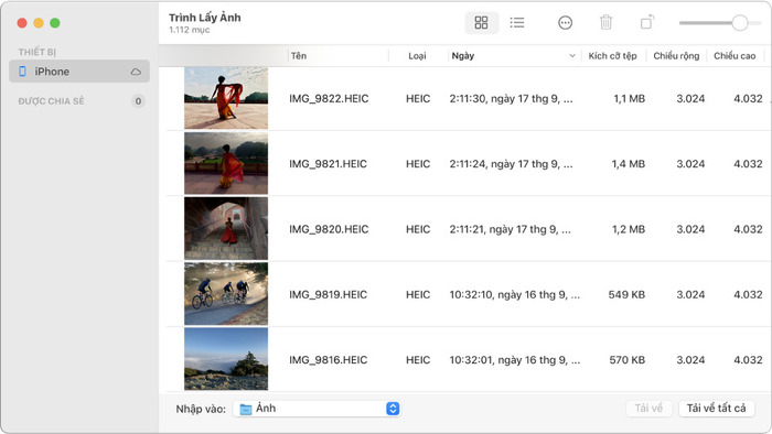 Giao diện màn hình MacBook khi sử dụng Image Capture để chuyển ảnh từ iPhone sang máy Mac