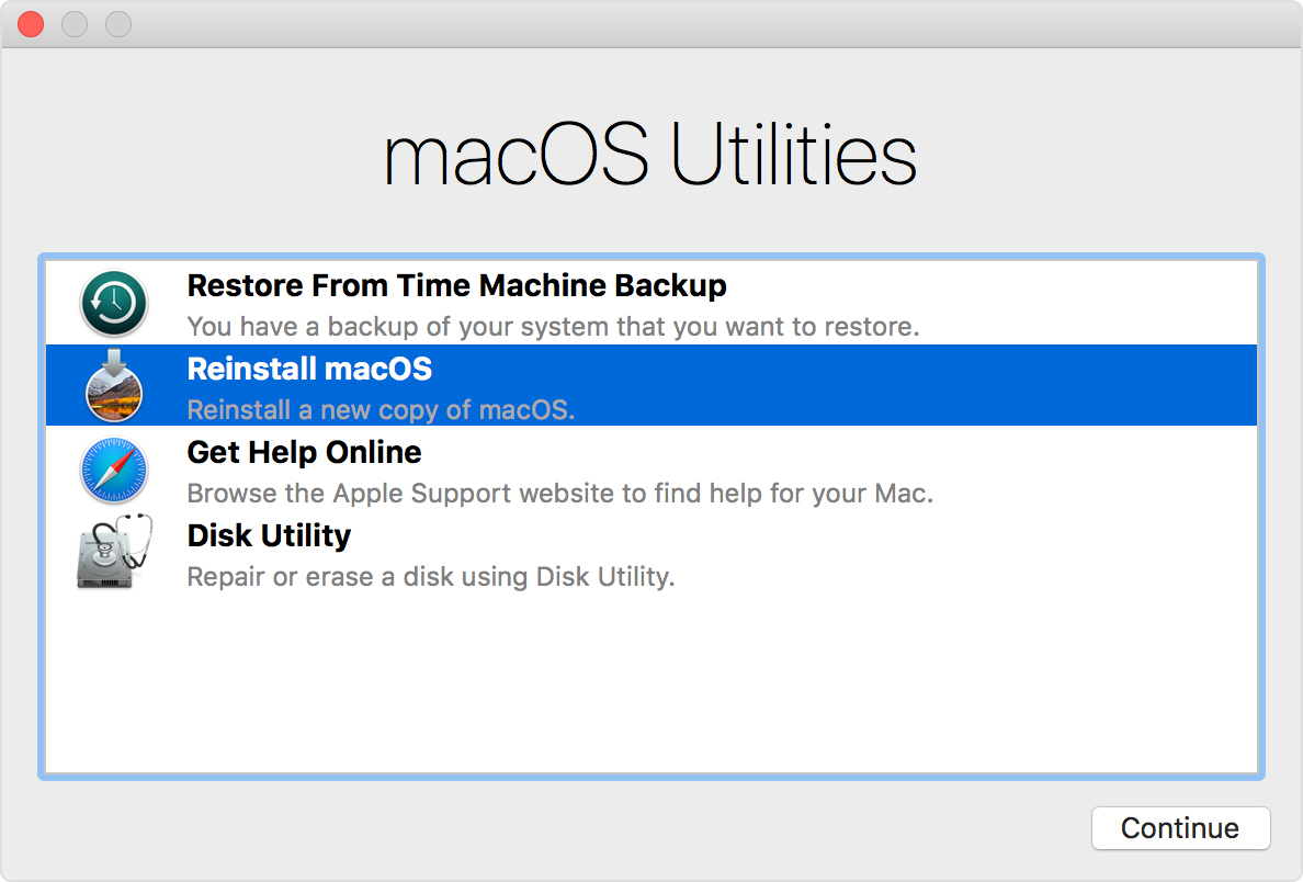 Các tùy chọn trong trình Recovery trên MacBook