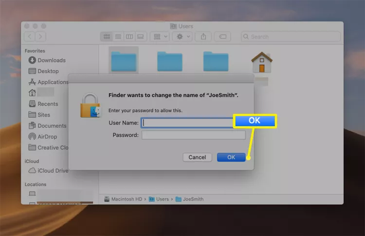 Nhấn OK sau khi nhập tên Username (Tên người dùng) và mật khẩu đăng nhập MacBook