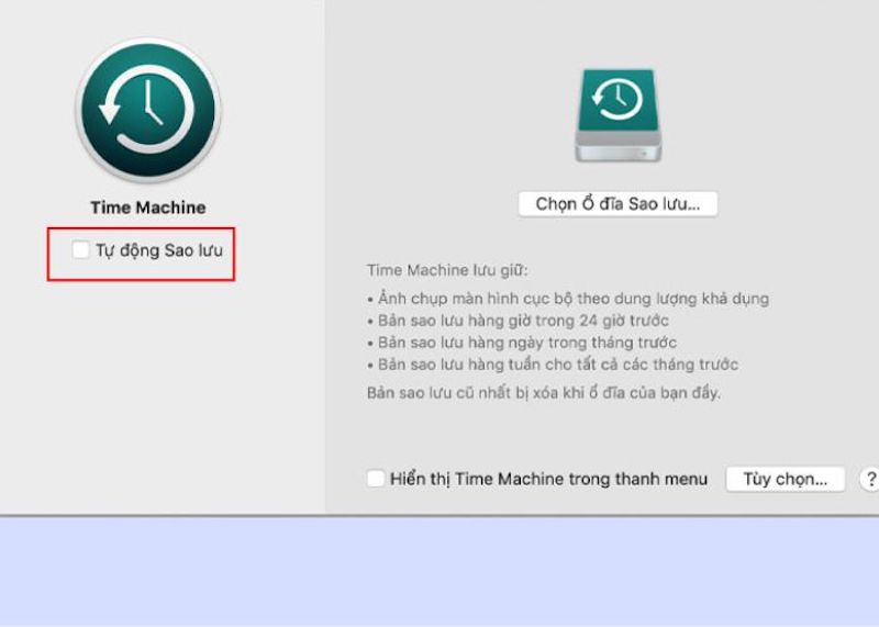 Khi cửa sổ Time Machine hiện ra bạn chọn “Tự động sao lưu” là xong