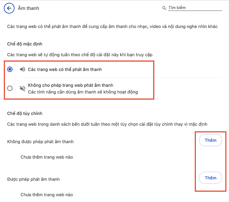 Tick chọn Các trang web có thể phát âm thanh