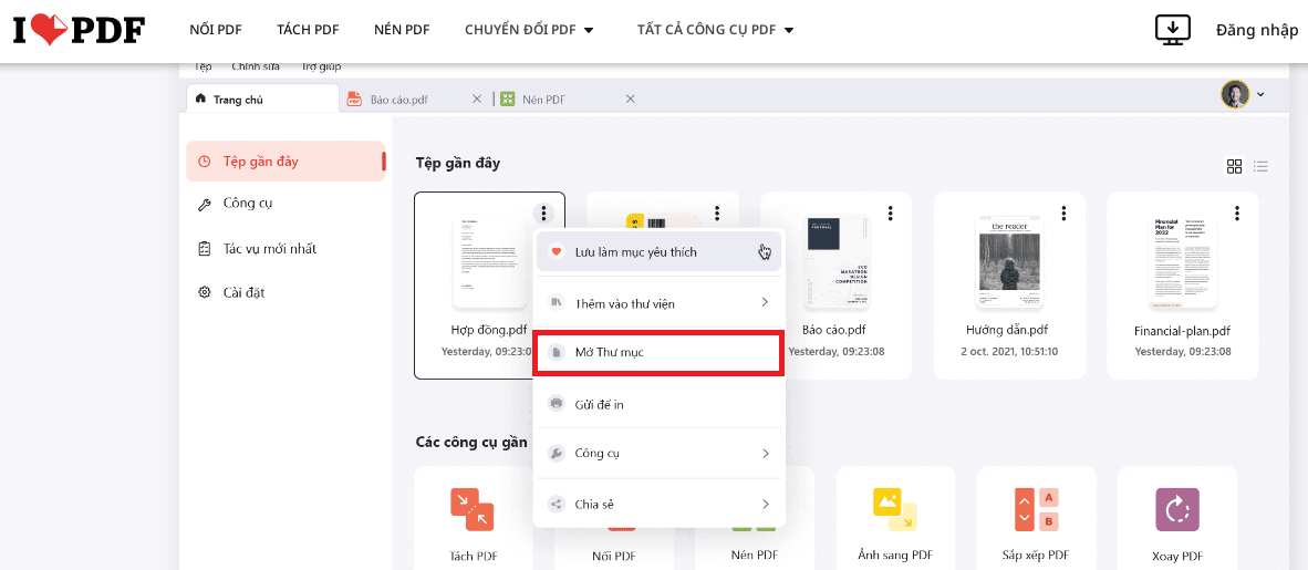 Bạn vào “Tệp gần đây”, lựa chọn file PDF cần mở và chọn “Mở thư mục” là hoàn thành