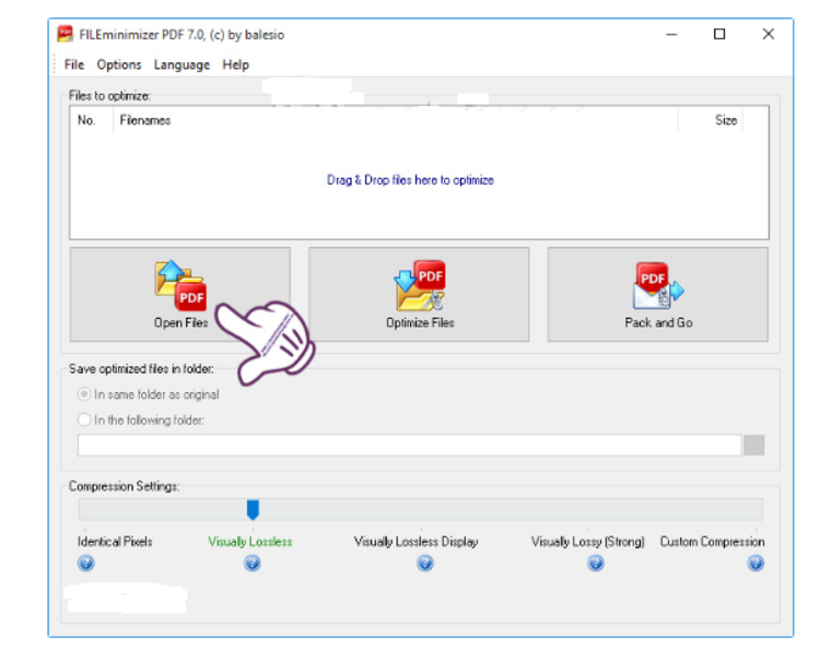 Bạn vào mục “Open Files” để chọn file PDF cần nén