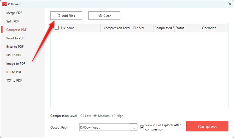Bạn chọn vào “Add files” để tải file PDF cần nén và chọn “Compress” để quá trình nén được bắt đầu