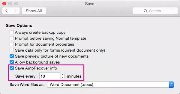 Bật tính năng tự động lưu/ Save AutoRecover để file word được tự động lưu mà không cần thao tác lưu thủ công