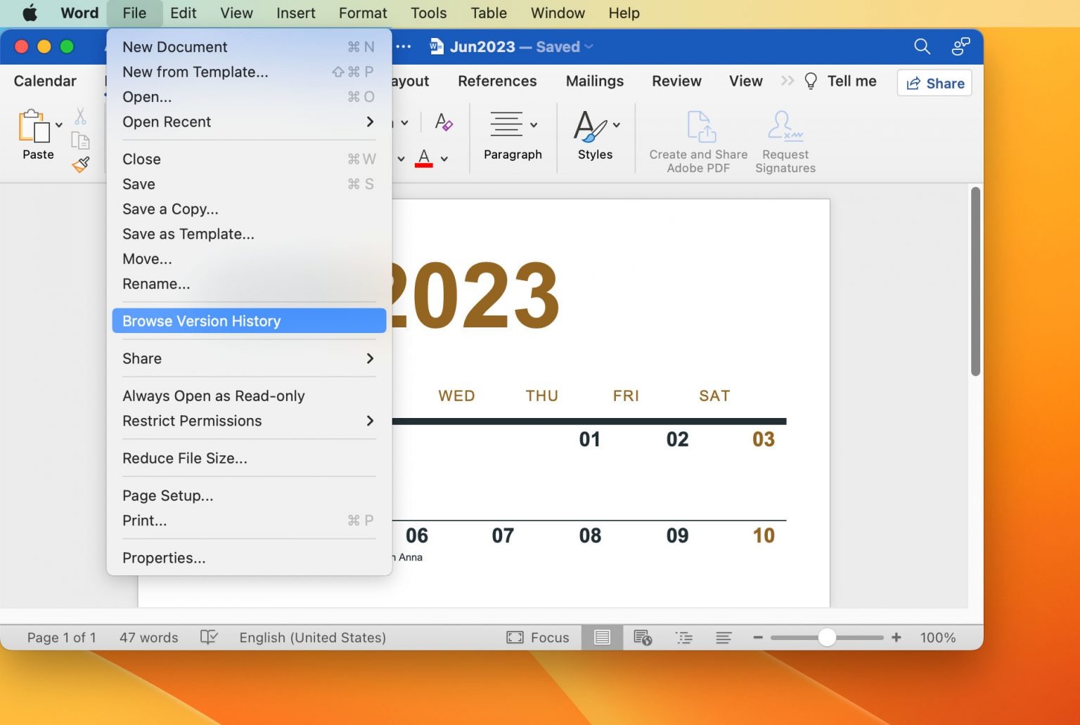 Chọn “Browser Version History/Lịch sử phiên bản” để lấy lại file word chưa lưu