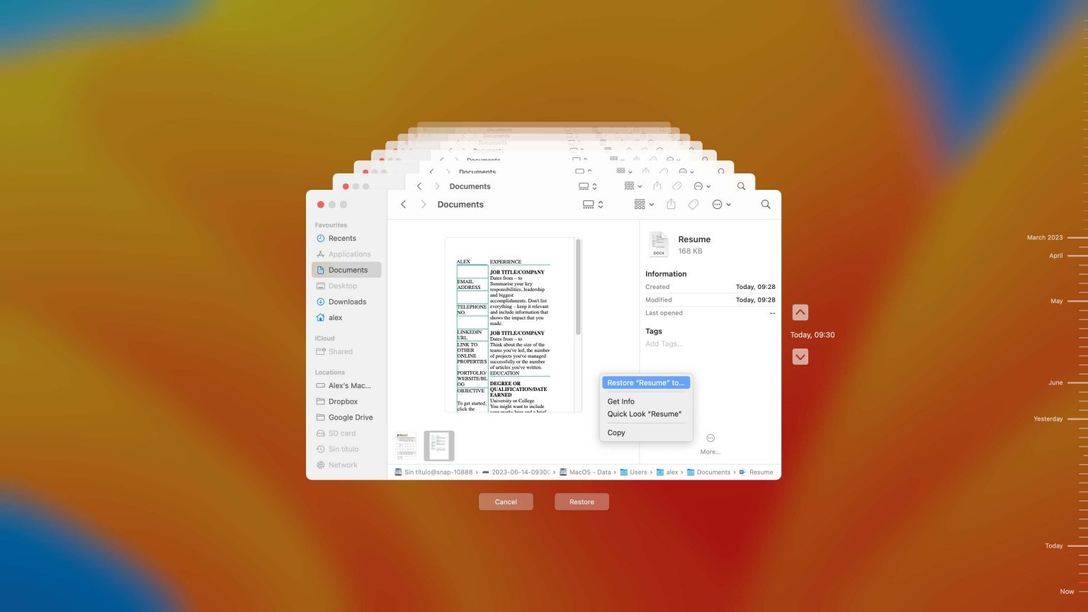 Khi đã tìm được file bạn nhấn vào và chọn “Restore + tên file” để khôi phục lại file word chưa lưu.