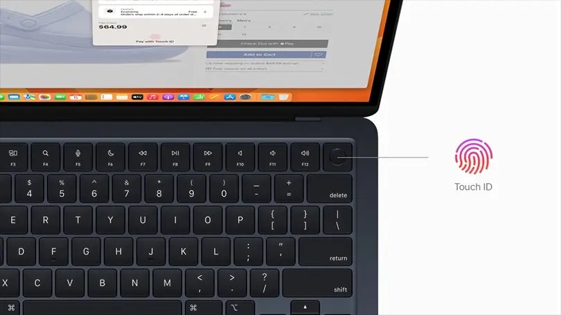 Bàn phím trên MacBook Air M2 còn được tích hợp cảm biến Touch ID, giúp người dùng đăng nhập nhanh chóng và an toàn