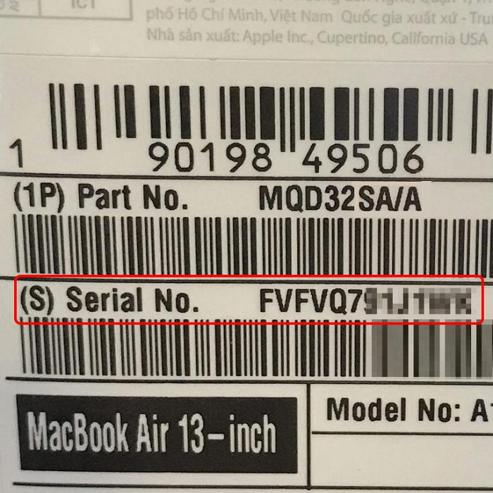 Trên hộp đựng MacBook Air M1 cũng có thông tin sản phẩm và số seri